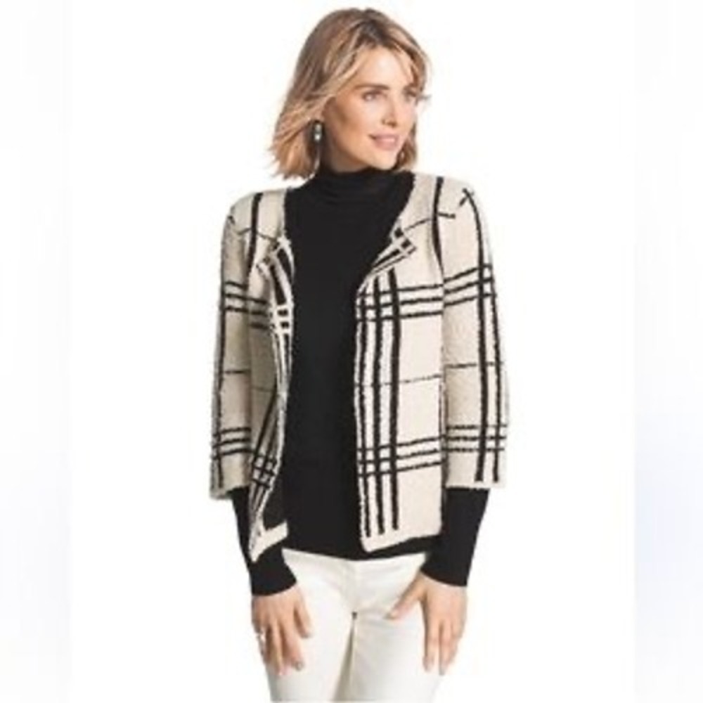 Chicos Black Cream Grid Plaid Open Front Cardigan Sweater Textured Knit Size 0 S